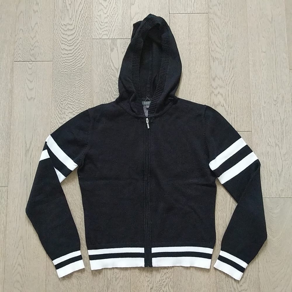 Roots Black and White Sorority Knit Hoodie Zip-up Sweater